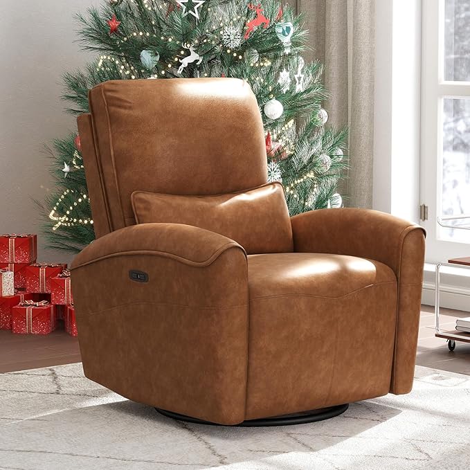 Bonzy Home Power Swivel Rocker Recliner Chair with USB Port 23.2 Wide Seat Fixed Lumbar Support Upholstered Glider Chair for Nursery Living Room Brown