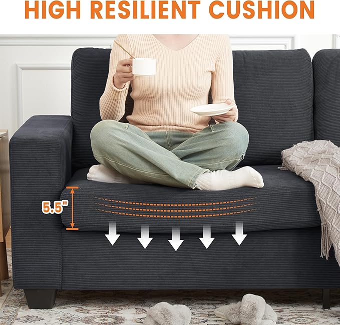 Modern Deep Seat Sofa Couch 84” – Plush Corduroy Cloud Loveseat Oversized Comfy Beige Couch for Living Room Bedroom Apartment Durable 850 lbs Capacity Easy Assembly