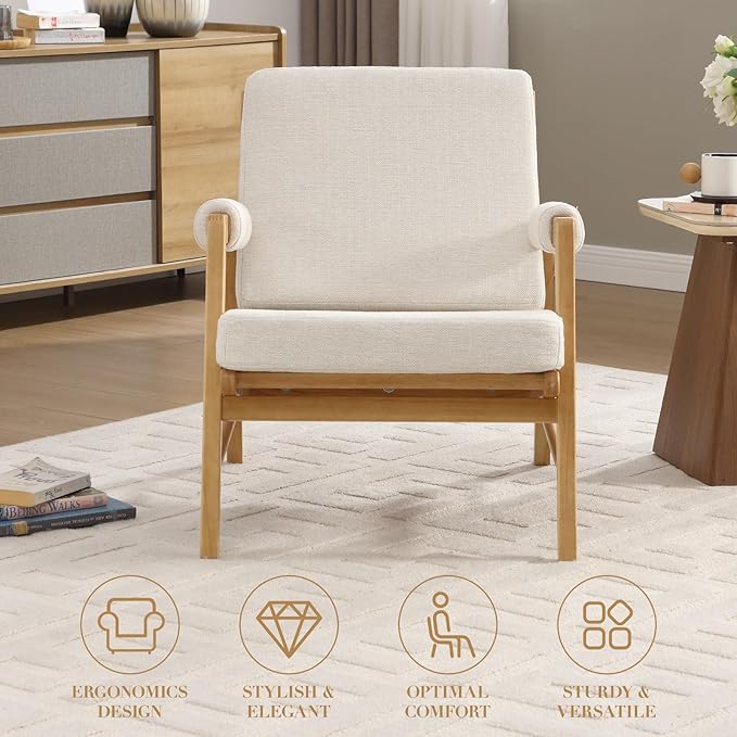 CIMOTA Mid Century Modern Accent Chair Set of 2 Linen Upholstered Living Room Chairs with Arms Comfy Reading Chair with Solid Wood Frame High Back for Bedroom Waiting Room Office Beige
