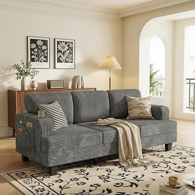 JUMMICO Corduroy Couches for Living Room 3 Seater Couch with Cup Holders and Removable Cover Small Sofa with Deep Seats for Apartment Terrace or Loft (Gray)