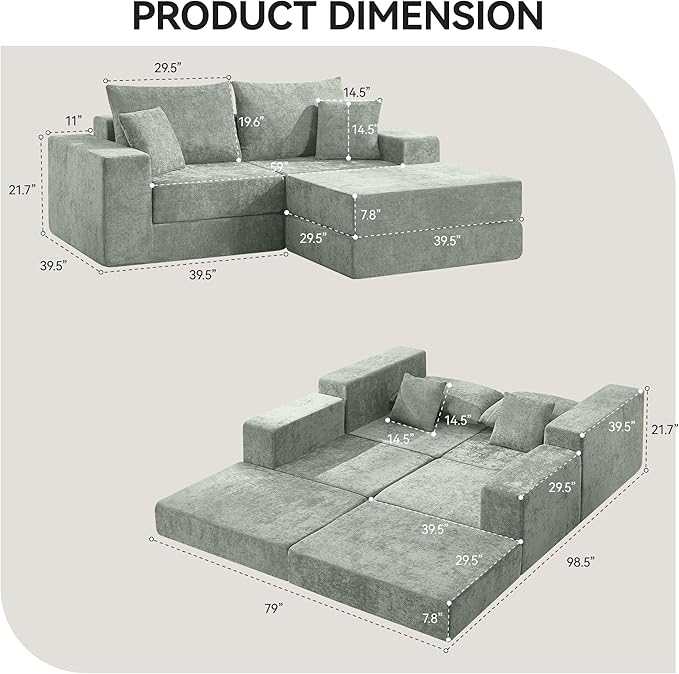 Boneless Sectional Loveseat Couch with Ottoman Convertible Modular Floor Sleeper Sofa Bed Comfy Foldable Compression Love Seat Sofa for Living Room No Assembly Green