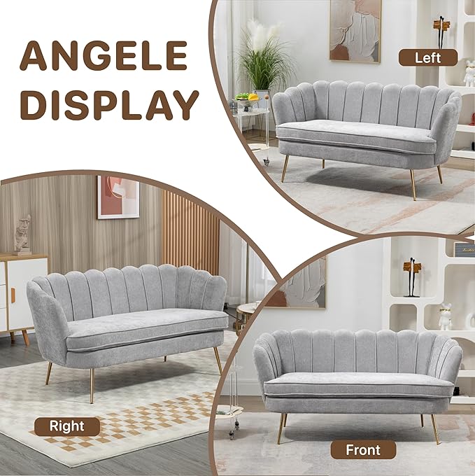 Mlmh &amp Kngwa Chenille Loveseat Sofa 59 2-Seater Couch Settee with Gold Metal Legs Comfy Upholstered Floral Small Sofa for Bedroom Living Room Apartment Light Gray