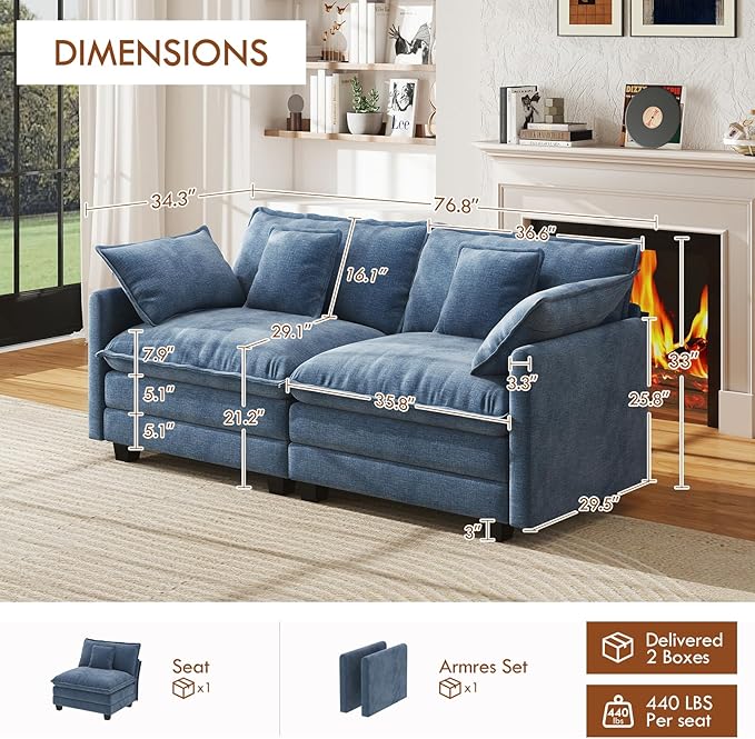 WorthFurni 77 Inch Cloud Sofa Loveseat Comfy Sectional Couch 2-Seater Chenille Deep Seat Sofa with Throw Pillows for Living Room Bedroom Apartment (Blue)