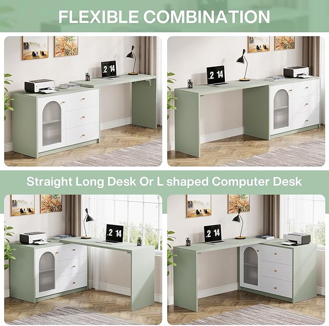 Tribesigns L-Shaped Computer Desk with Drawers Modern Corner Home Office Desk with Reversible Storage Cabinet Long Study Writing Desk Workstation for Home Office Cyan &amp White