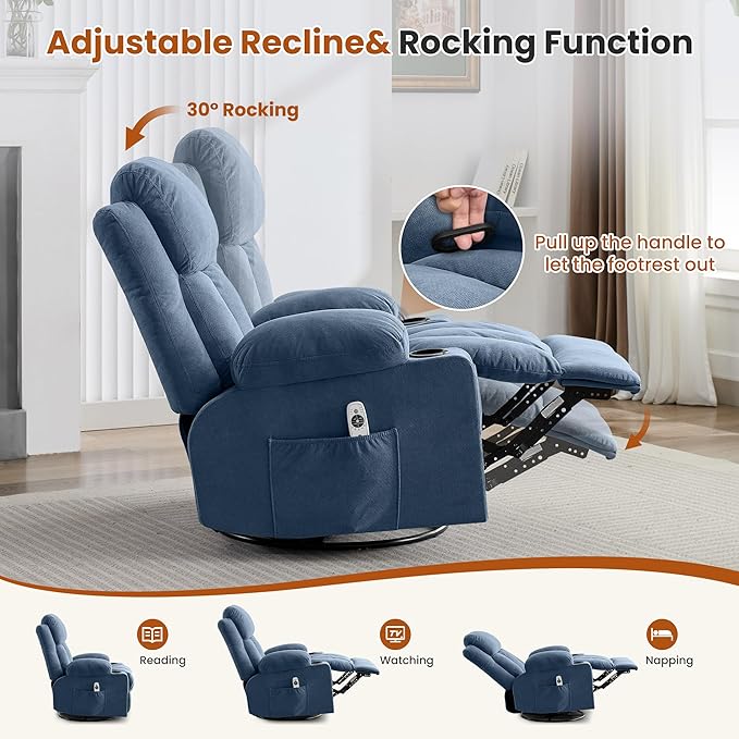 Swivel Rocker Recliner Chair with Vibration Massage and Heat for Living Roomwith Rocking Function and Side Pocket USB Charge Port2 Cup Holders