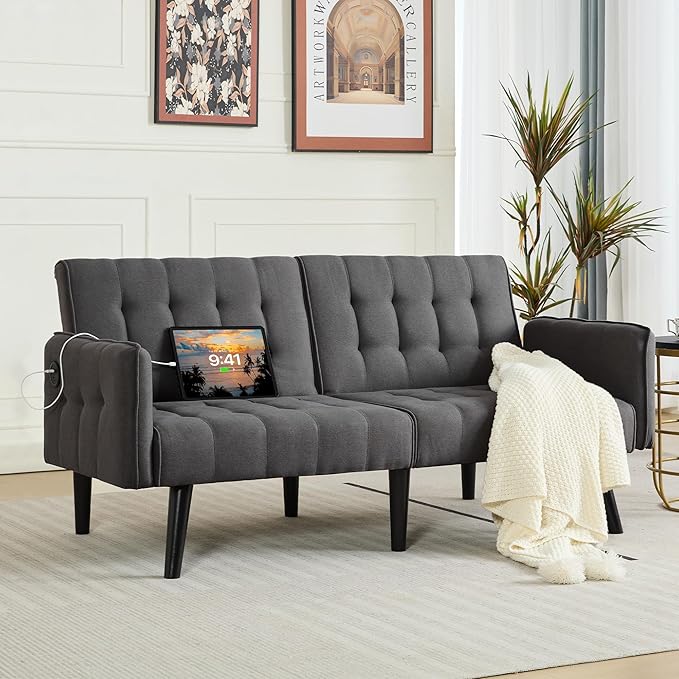 TYBOATLE 65“ Convertible Futon Sofa Bed w/ 2 USB Upholstered Tufted Small Adjustable Folding Couch Loveseat Modern Mid Century Sleeper Sofa for Living Room Bedroom Apartment Office (Dark Grey)