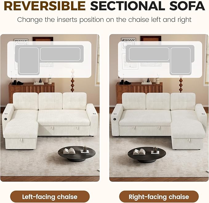 83'' Pull Out Sofa Bed 2 in 1 Convertible Sleeper Sofa Couch with Storage Chaise &amp USB Charging Comfy Corduroy Modular Couches for Living Room ApartmentBeige 1 PCS