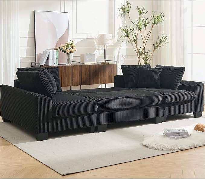 KEIKI 114 U-Shaped Corduroy Sleeper Sectional Sofa with Pull-Out Bed Adjustable Backrest 2 Chaise Lounge 2 Pillows Convertible 4-Seater Upholstered Couch Easy Assembly for Living Room Black
