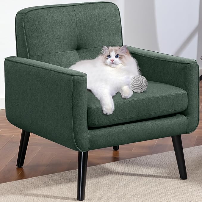 Mid Century Accent Chair Fabric Modern Chair with Wooden Frame Cozy Armchair Reading Chair with Comfy Back for Apartment Living Room Bedroom Waiting Room Small Space Corner Green