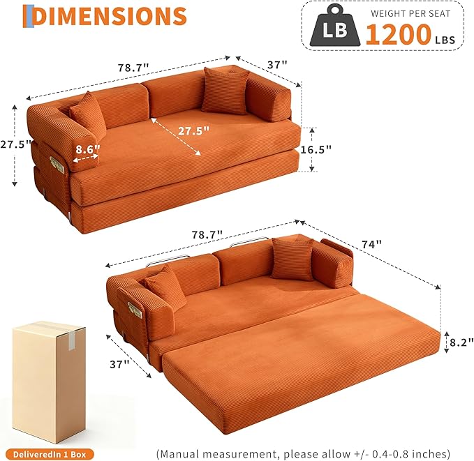 Garvee 5-in-1 Convertible Sofa Bed 78.8 Modular Corduroy Sleeper with Sturdy Frame &amp No Assembly Multi-Functional Futon for Small Space Living Room &amp Guest Room (Green) (Orange)