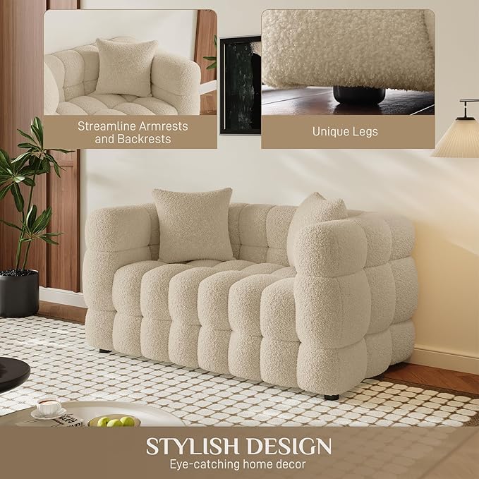 Boucle Sofa Couch 55 Comfy Upholstered Sherpa Loveseat Tufted Cozy 2-Seater Deep Seat Cloud Couch Modern Small Love Seat with 2 Pillows for Living Room Apartment Bedroom Light Brown