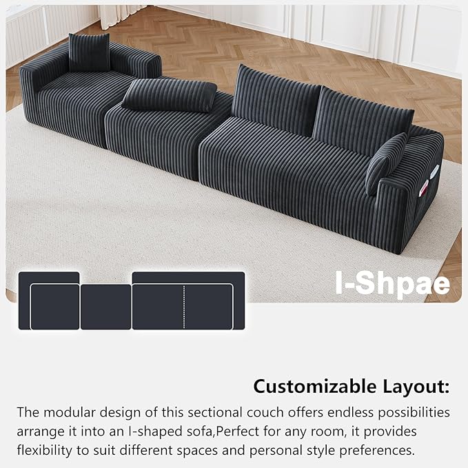 108 Boneless Couch Modular Sectional Couches for Living Room L Shaped Deep Seat Chaise with Side Pockets No Assembly Required Plush Corduroy Fabric Sleeper Sofa for Apartments Dark Grey