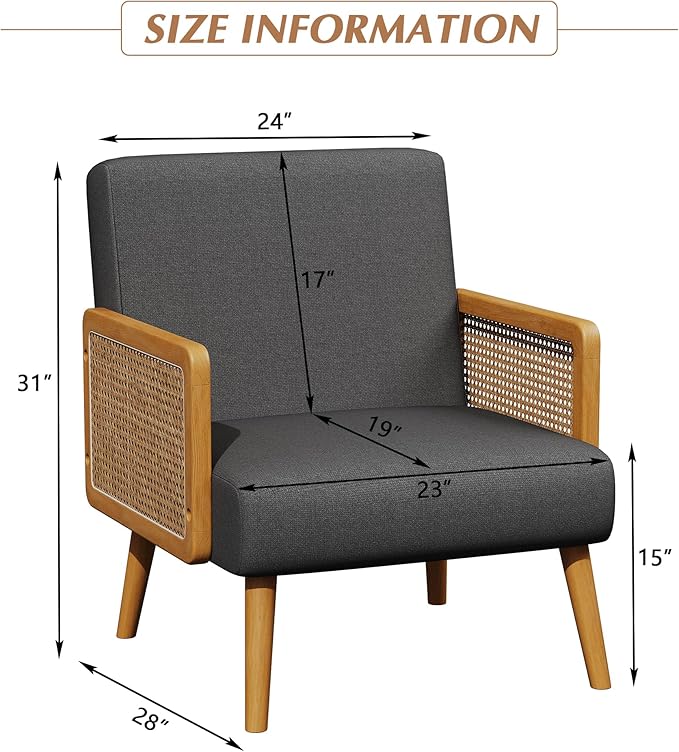 Yongqiang Black Linen Accent Chairs Set of 2 Natural Rattan Upholstered Arm Chairs for Bedroom Living Room Side Chairs Comfy Reading Chair