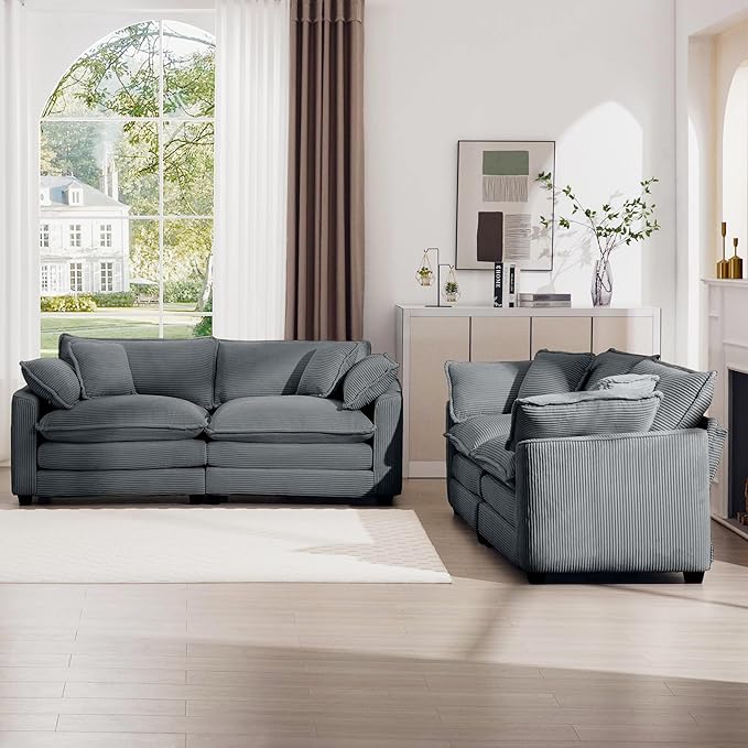 mikibama Luxury 2 Piece Sofa Set 2 Pieces of Loveseat Couch Modern Corduroy Comfy Cloud Couches Set for Living Room Office with 4 Armrest Pillows and 4 Toss Pillows Grey