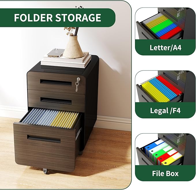 Metal 3 Drawer File Cabinet with Lock on Wheels Locking Filing Cabinet with Key for Home Office Rolling Filing Cabinets with Wheels All-Steel Metal 110 LBS Capacity (3 Drawer Black)