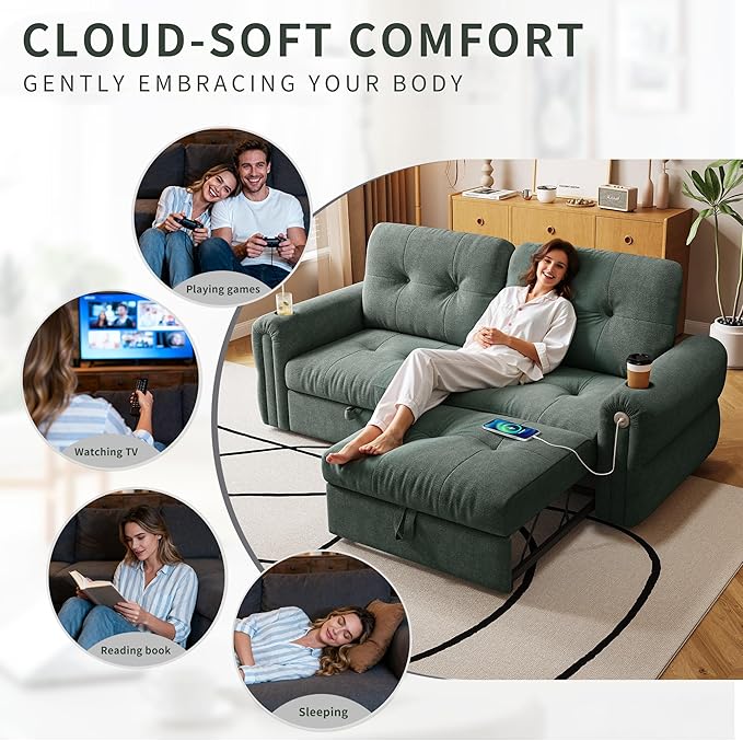 77 Pull Out Sofa Bed Velvet Convertible Sleeper Couch Loveseat Chaise Lounge with Cup Holder and USB Pullout Futon Sofa Bed for Living Room Bedroom Small Spaces RV (Green-)
