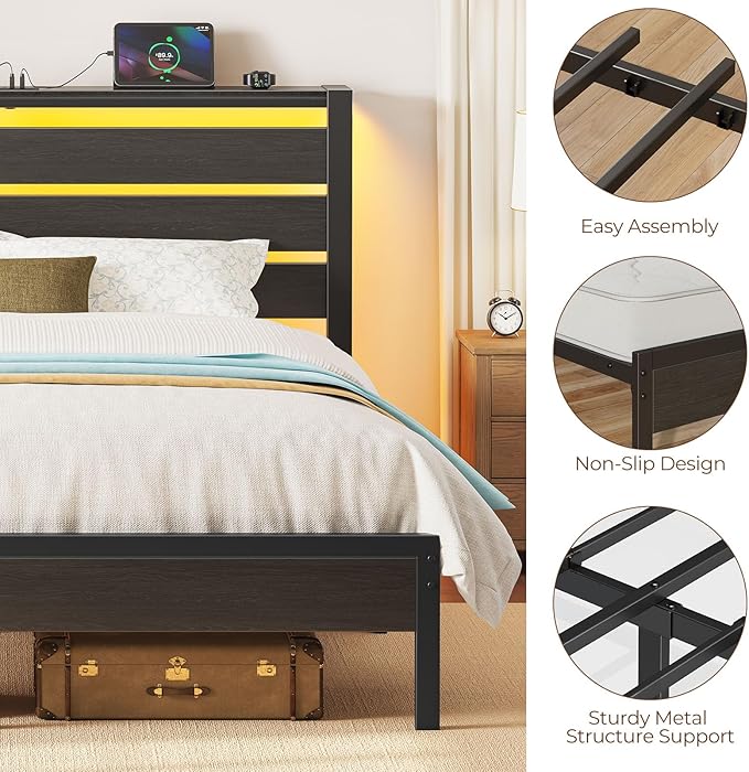 Rolanstar Bed Frame Twin Size with USB Charging Station LED Bed Frame with Wood Storage Headboard Black Metal Platform Bed with Under Bed Storage No Box Spring Needed Noise Free