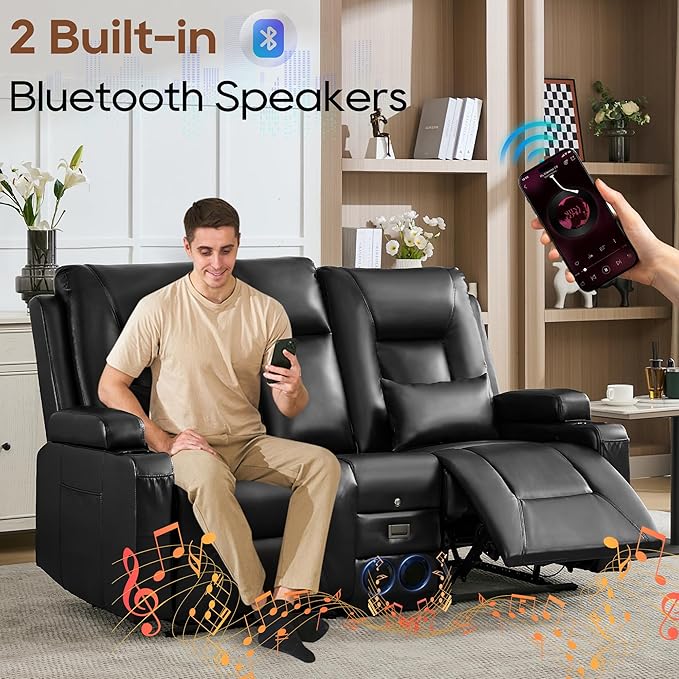 URRED Manual Reclining Loveseat Sofa with Console Double Recliner RV Couch with Bluetooth Speakers USB &amp Power Outlet Cup Holders Pillow and Side Pocket for Home Theater Faux Leather Black