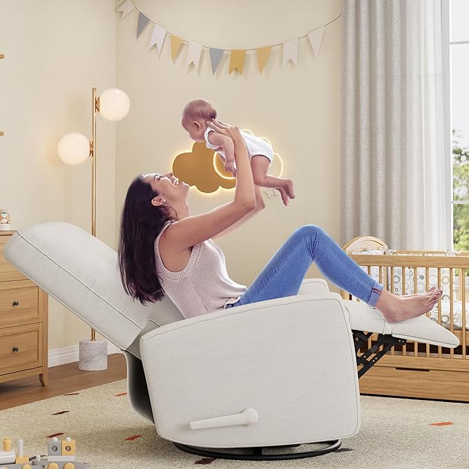 GarveeHome Recliner Chairs Swivel Rocker Recliner Glider Recliner Nursery Chair Recliner Chair for Adults 360°Swivel Glider Rocking Chair for Living Room Bedroom Office Linen White