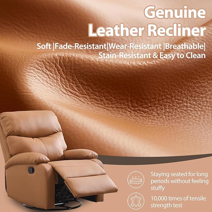 Genuine Leather Rocker Recliner Modern Manual Swivel Glider Recliner with Adjustable Backrest &amp Footrest Wall Hugger Swivel Rocking Recliner Chair for Modern Living Room and RV Warm Brown