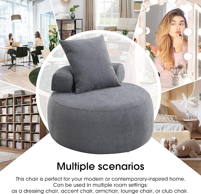 Generic 32 Solid Wood Lounge Chair with Pillow Easy to Move Modern Chenille Reading Chair High Stretch Round Sofa for Bedroom Living Room Lounge Hotel 3 Colors Light Gray