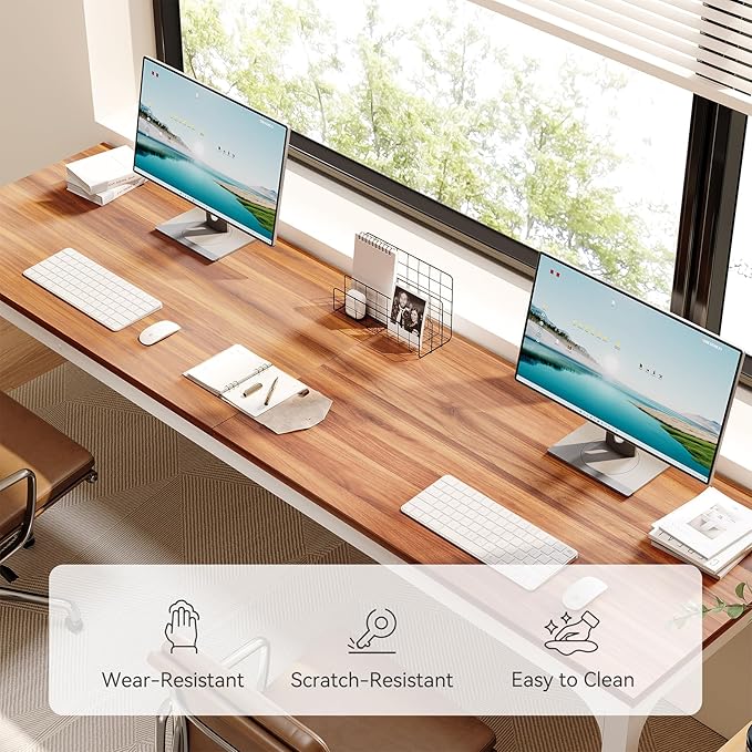 LITTLE TREE 78.7-Inch Ultra Long Double Desk Writing Gaming Work Computer Two-Person Desk for Home Office Walnut + White