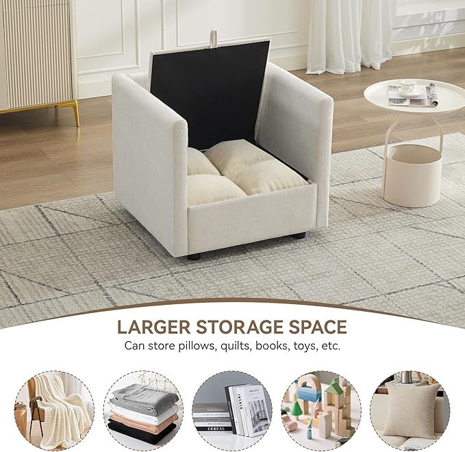 30 Cloud Modular Single Sofa Chair with Storage Modern Upholstered Accent Chair Deep Seat Chenille Reading Lounge Armchair for Living Room Bedroom Small Space Beige