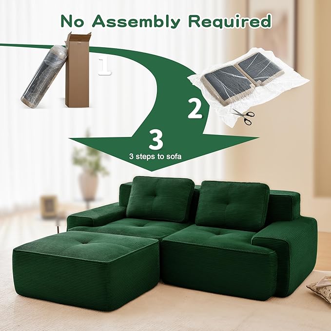 80.3” Green Boneless Couches for Living Room Modular Sectional Sofa with L-Shape Chaise 2 Seater Comfy Upholstered Loveseat Deep Seat Corduroy Fabric Cloud Couch No Assembly Anti-Slip Design