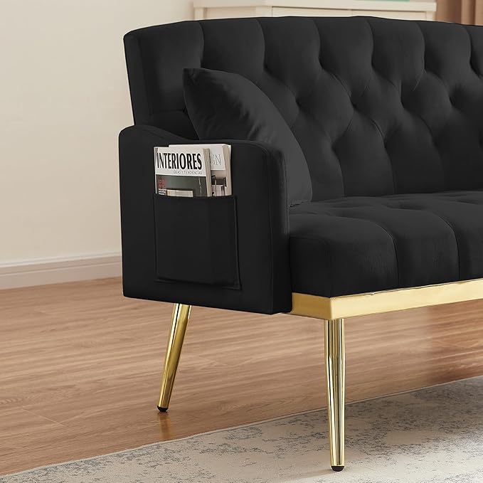 Velvet Tufted Small Loveseat Sofa Modern 2 Seater Small Sofa Couch with Gold Metal Legs and 2 Pillows for Living Room (Black)