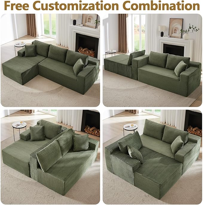 104 Cloud L Shape Couch with Chaise Modular Sectional Couches with Deep Seat Corduroy Sofas for Living Room Boneless Memory Foam Couch No Assembly (Saga Green Left Facing Chaise)