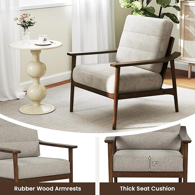 Giantex Mid Century Modern Accent Chair Max Load 440 LBS Upholstered Living Room Chair with Rubber Wood Armrests &amp Legs Removable Back Cushion Comfy Reading Arm Chair for Living Room Bedroom