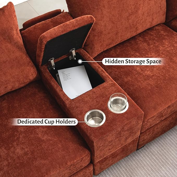 136.4 Modular Sectional Sofa U-Shaped 8 Seater Sectional Sofa with Storage Ottoman Linen L-Shaped Couch Large Cloud Couch with Cup Holders &amp USB for Living Room（Orange
