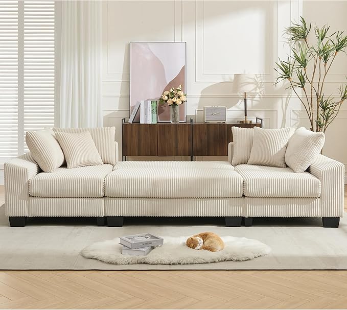 114 U-Shaped Sleeper Sofa with Pull Out Bed 3 in 1 Convertible Couch Bed Oversized Sectional Modular with Chaise Lounge Modern Comfy Plush Corduroy Black Couches for Living Room (Beige)