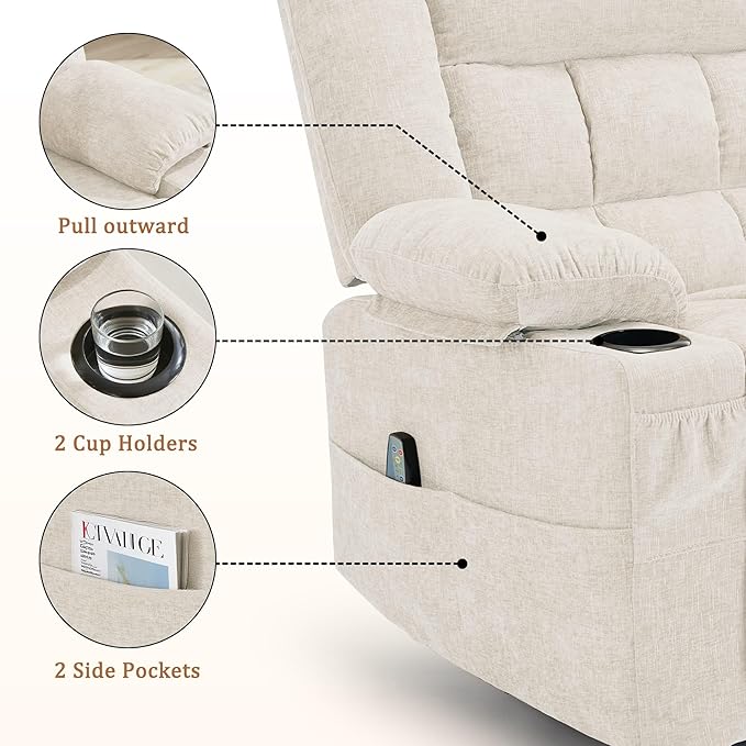 360° Swivel Rocker Recliner for Adults Nursery Glider Recliner with Massage and Heating Rocking Chair with Cup Holder Manual Recliner Chair for Living Room Bedroom (Fabric Beige)