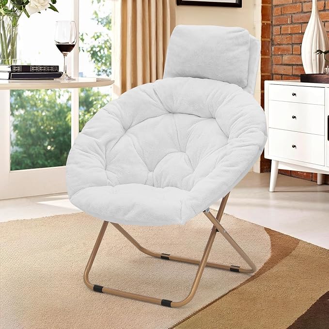 Round Comfy Saucer Chair with Headrest Large Cozy Metal Frame Cozy Lounge Lazy Chair Folding Faux Fur Saucer Chair for Adults Foldable Papasan Moon Chair