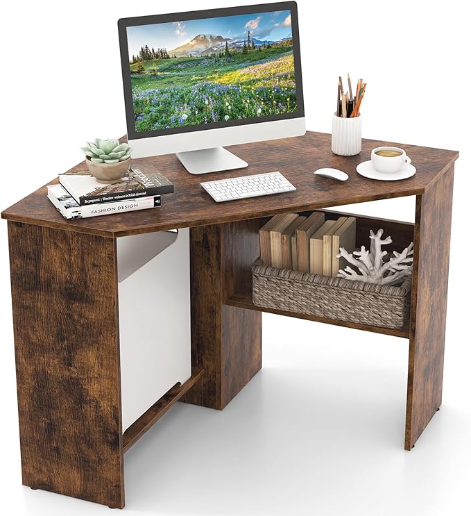 HOMGX Corner Computer Desk Triangle Desk with Storage Shelves Small Corner Desk for Small Spaces Corner Vanity Desk for Home Bedroom Living Room Office (Coffee)