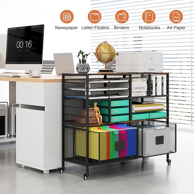EasyPAG Rolling Cart with 2 Storage Drawer Under Desk Filling Cabinet with Mail Sorter Pull Out Hanging File Rack for Letter Size Folders Mobile Utility Craft Cart for Home Office Black
