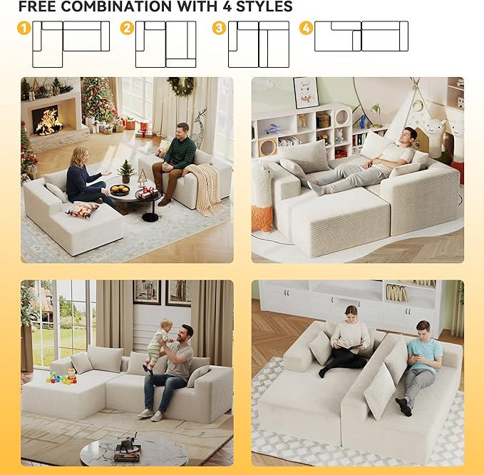 ALISH 111 Inch L-Shaped Cloud Sectional Sofa Couch Compression Couch with Chaise Modular Deep Seat Boneless Design for Easy Setup Plush Upholstered Living Room Bedroom Apartment Furniture Beige