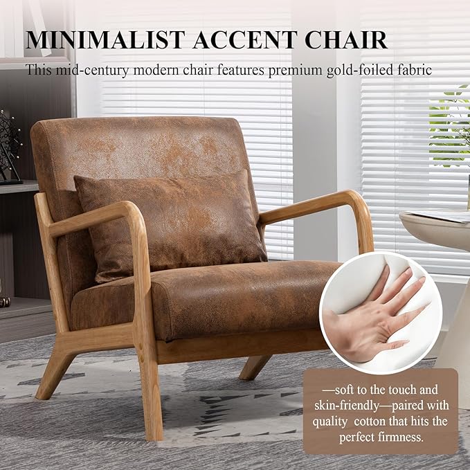 Minimalist Accent Chair Gold-Foiled Fabric Upholstered Mid-Century Modern Chair with Pillow Lounge Arm Chair with High Backrest Comfy Reading Chair for Living Room Balcony (Brown)