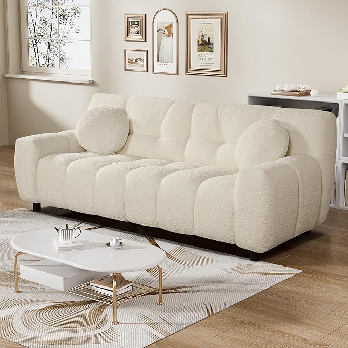 Boucle Cloud Sofa Couch Comfy Deep Seat Sherpa Couch 72.8 Upholstered Cozy Teddy 2 Seat Marshmallow Couches Oversized Loveseat Sofa for Living Room Bedroom Cream White