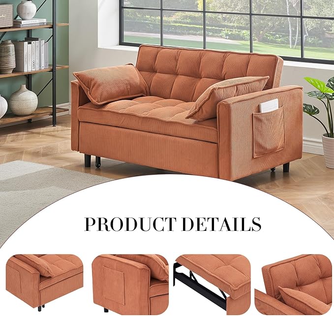 3 in 1 Corduroy Convertible Sofa Bed Pull Out Couch Bed with Reclining Backrest and 2 Pillows 54 Full Size Loveseat Sleeper Sofa Futon Couch Beds Couches for Small Spaces Living Room (Orange)