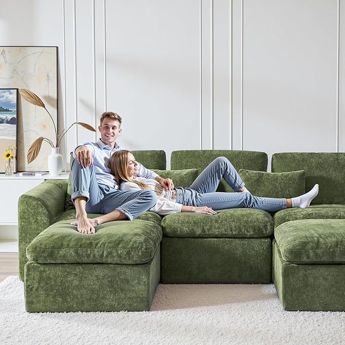 Modern Sectional Cloud Couch - 120'' Soft Modular Sectional Sofa – No Assembly Required - Deep Seat Couches with 2 Movable Ottomans - Oversized Chenille Sofa for Living Room - Green