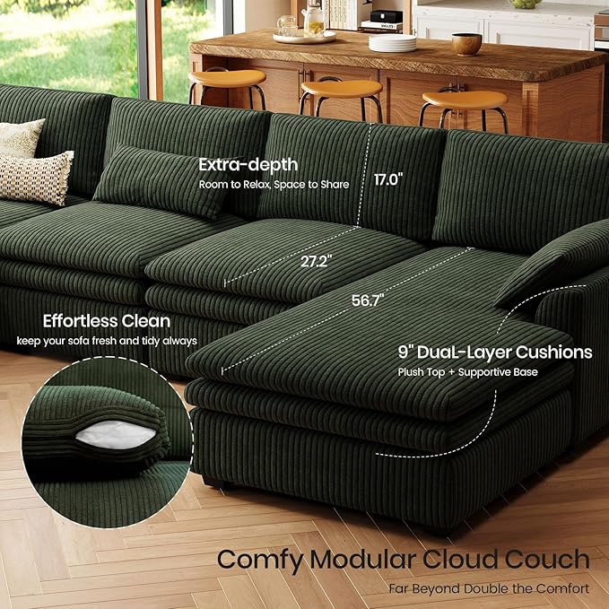 Belffin Large Modular Sectional Sofa with Double Deep Chaise 104 Corduroy U Shaped Couch with 9 Soft Dual-Layer Seats Cushion Sectional Couches for Living Room Apartment Green