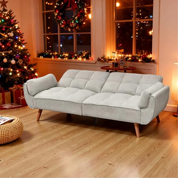 Convertible Futon Sofa Bed Modern Futon Couch with 2 Pillows Small Futons Couch with Adjustable Armrest &amp Backrest Loveseat Sofa Bed for Living Room Bedroom Gray