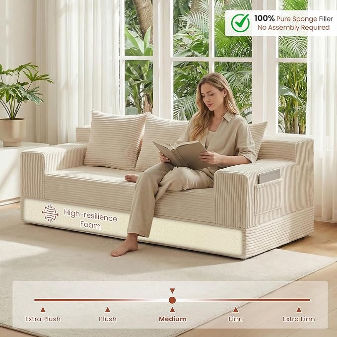Boneless Couch 78 Inch 2 in 1 Convertible Sofa Bed Corduroy 3 Seater Fold Out Couch Oversize Boneless Loveseat Sleeper Sofa with 3 Pillows for Living Room Bedroom &amp Apartment