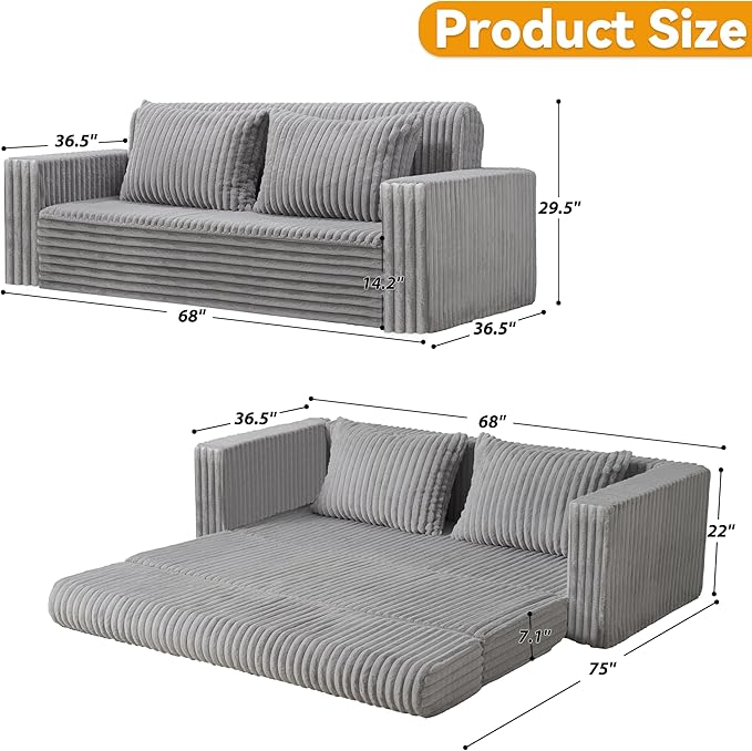 HABUTWAY Folding Sofa Bed 2 in 1 Convertible Sleeper Chair with 2 Pillows Portable Fold Out Chair Bed with Armrest Comfy Floor Couch Lazy Sofa for Living Room Bedroom Dorm Home Office Light Grey
