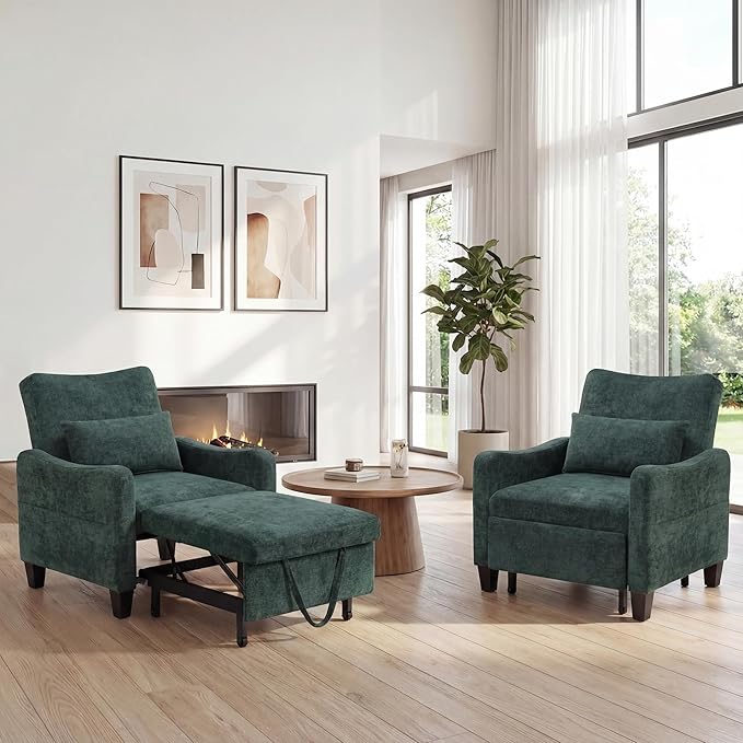 3 in 1 Convertible Sofa Bed Chair Pull Out Single Sleeper Chair Bed with Adjustable Backrest Modern Lounge Sofa for Small SpaceDark Green