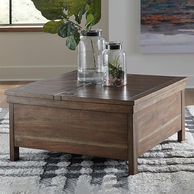 Signature Design by Ashley Moriville Rustic Hinged and Lift Top Cocktail Table with Hidden Storage Light Brown