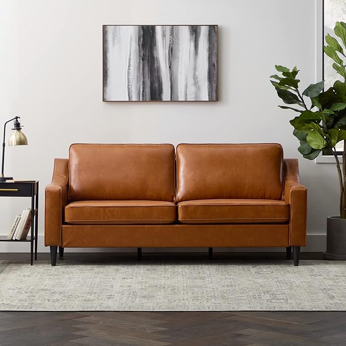 Edenbrook Jensen Upholstered Couch - Camel Faux Leather for Living Room - Small Seats Three - Scoop Arm Modern Furniture