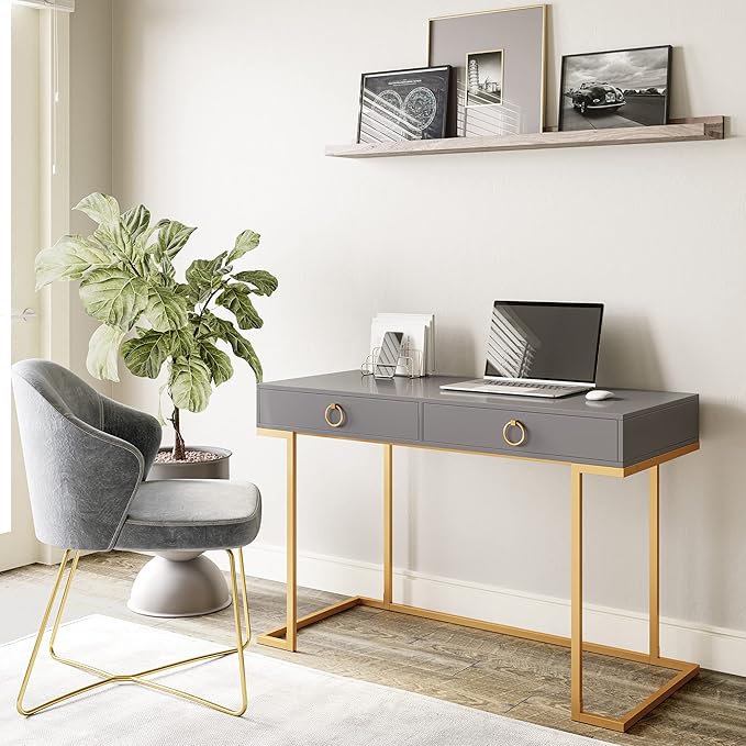 BELLEZE Modern 45 Inch Makeup Vanity Dressing Table or Home Office Computer Laptop Writing Desk with Two Storage Drawers Wood Top and Gold Metal Frame - Chelsea (Gray)